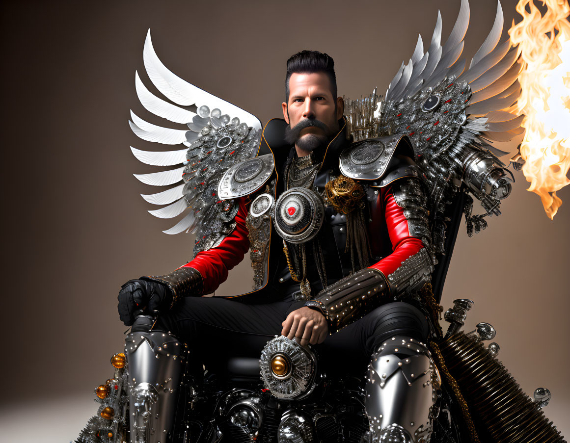 Steampunk-inspired man in metallic angel costume with mechanical wings