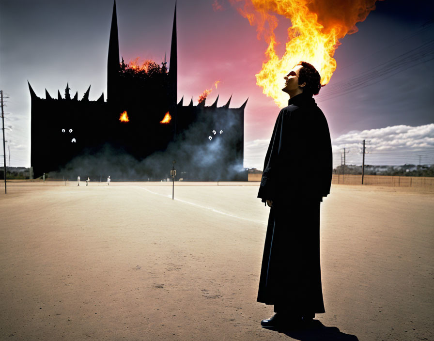 Man in coat gazes at surreal dark castle with fiery eyes under dramatic sky