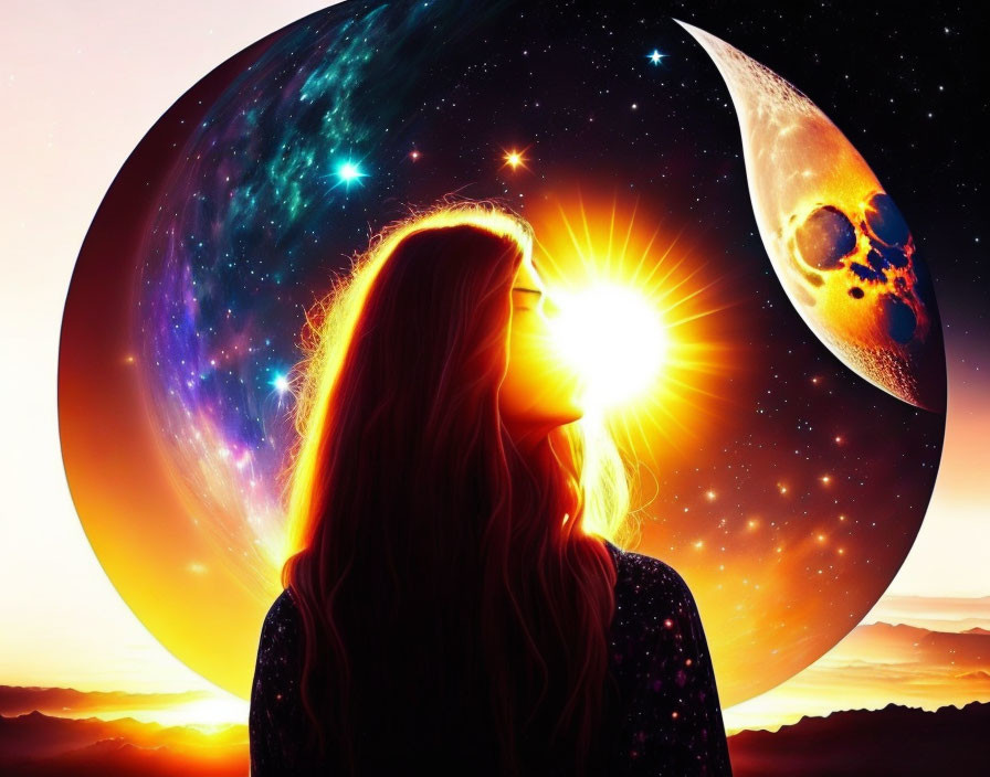 Silhouette of person with cosmic elements on vibrant celestial background