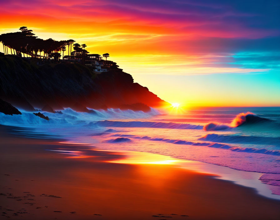 Vibrant orange and blue sunset over ocean and silhouetted coastline