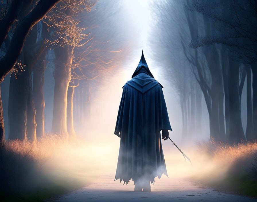 Mysterious figure with staff in foggy forest scene