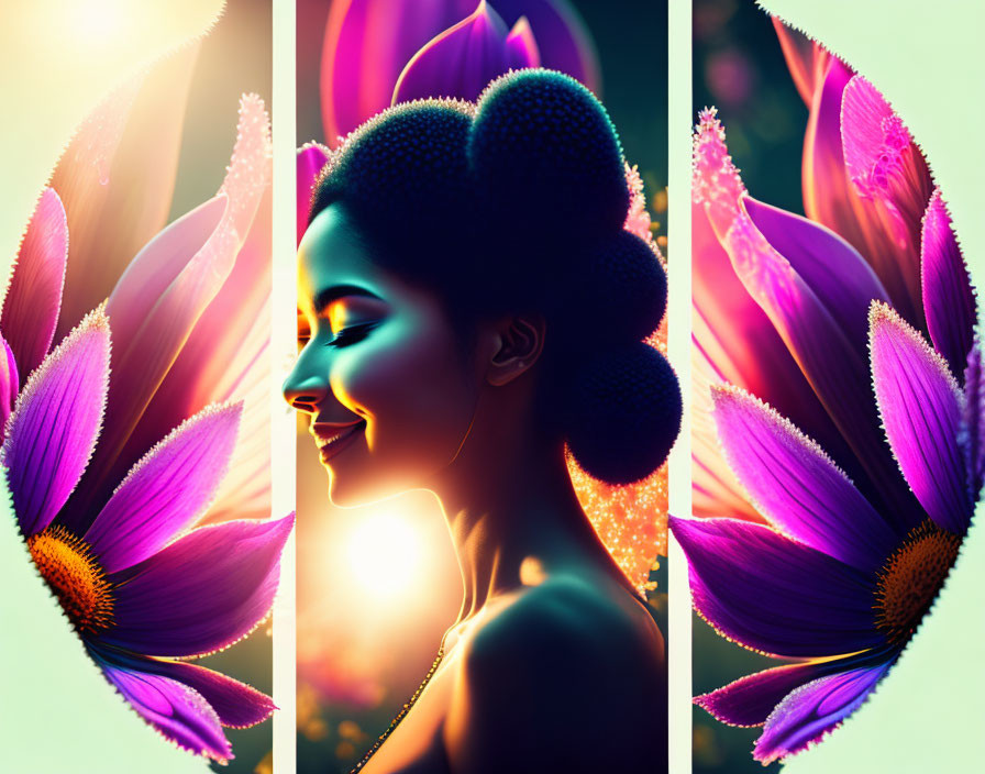 Smiling woman profile merged with purple petals in warm triptych