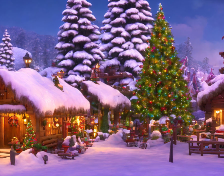 Winter village scene with Christmas tree and glowing buildings at dusk