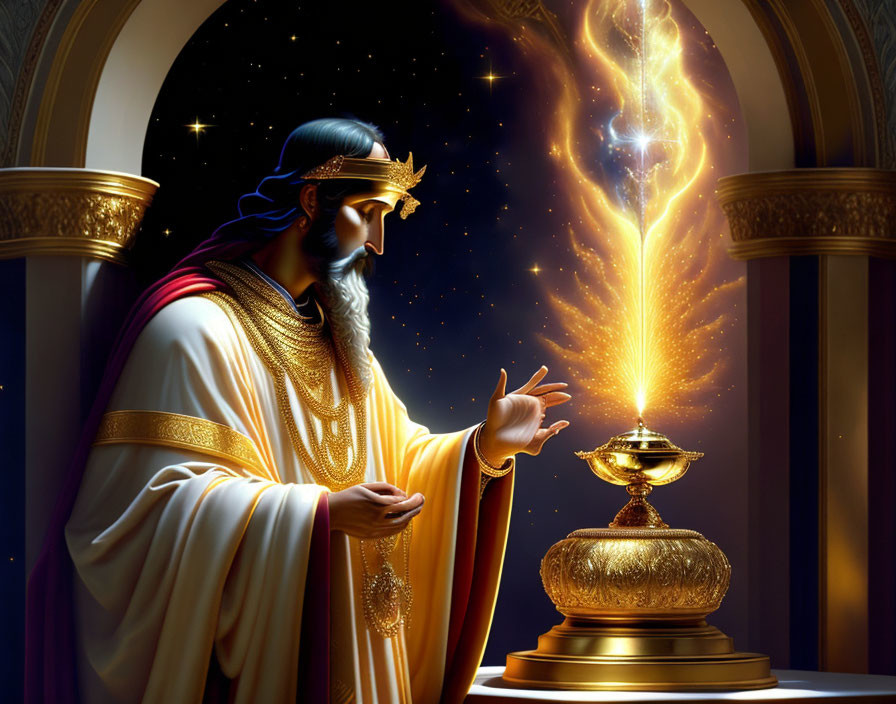 Regal figure in robes and crown with swirling light goblet against starry backdrop