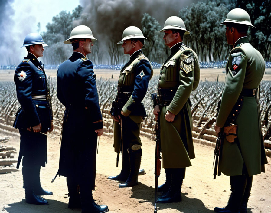 Military personnel in uniform conversing outdoors with trees and clear sky.