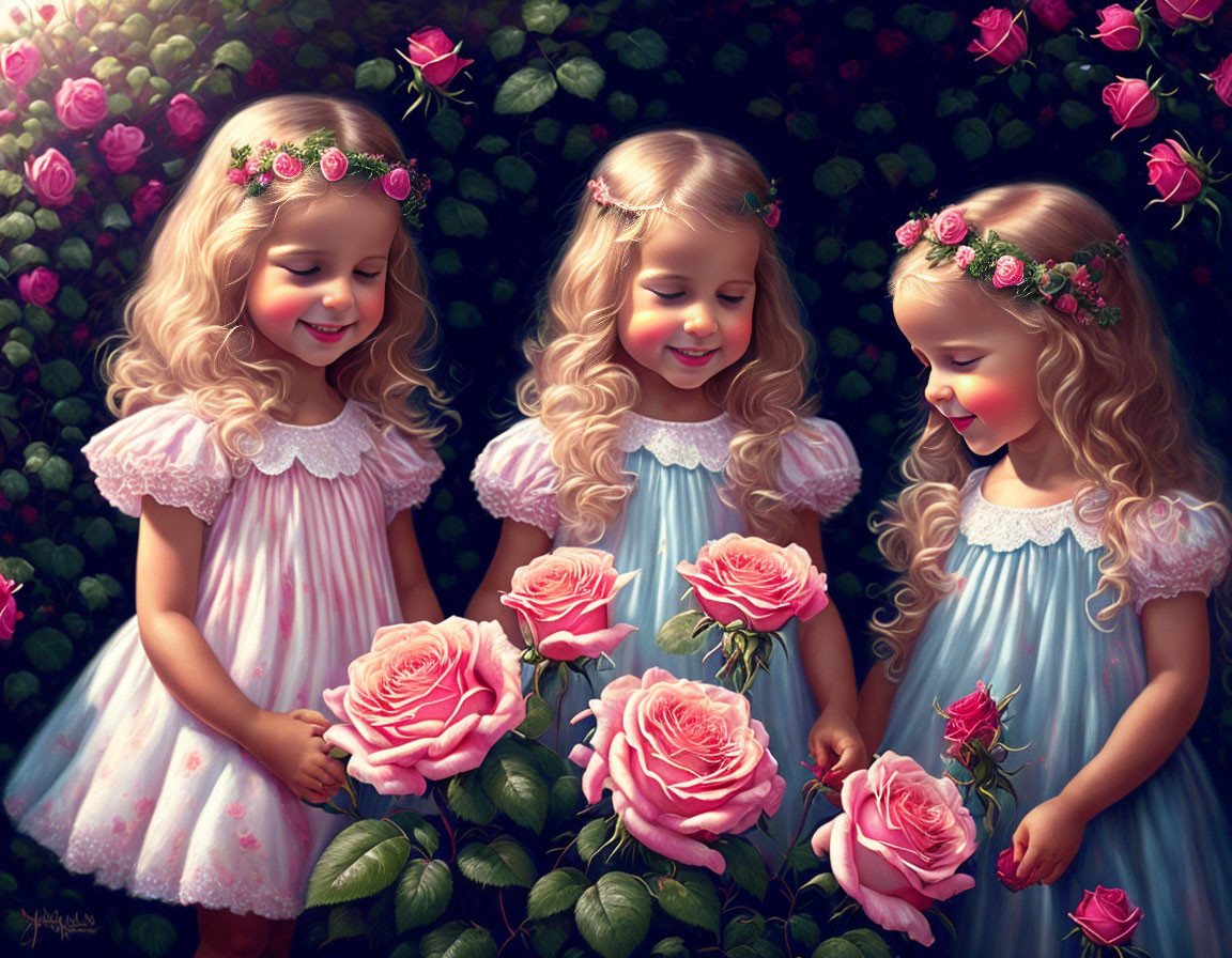 Triplets in Blue Dresses with Floral Crowns Admire Pink Roses