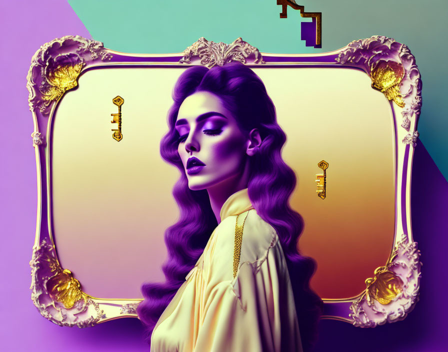 Stylized woman with purple hair in ornate golden frame on pastel background