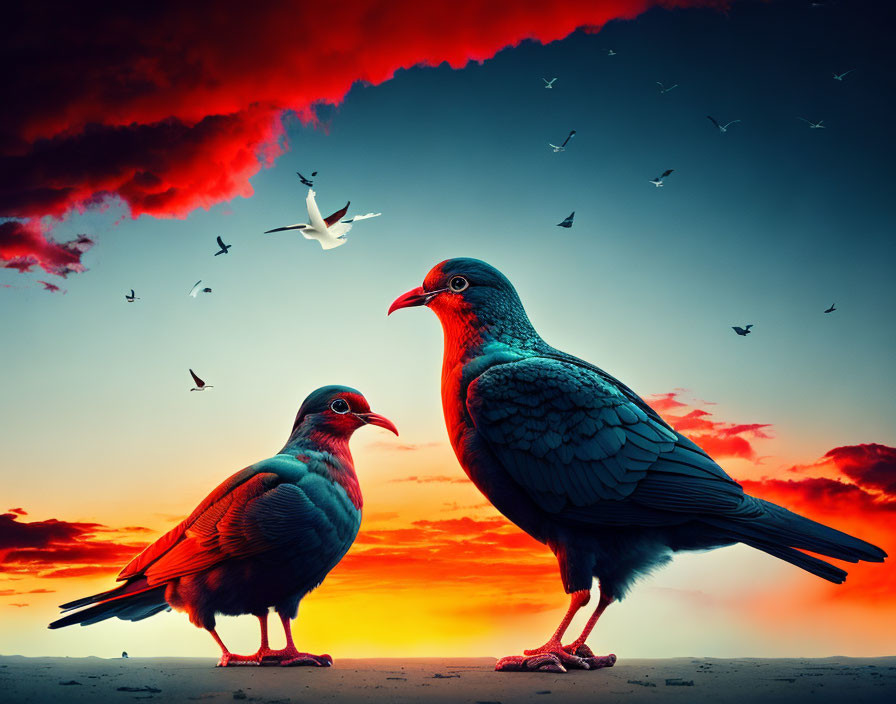 Vibrant pigeons on sandy ground at sunset with red clouds and flying bird silhouettes