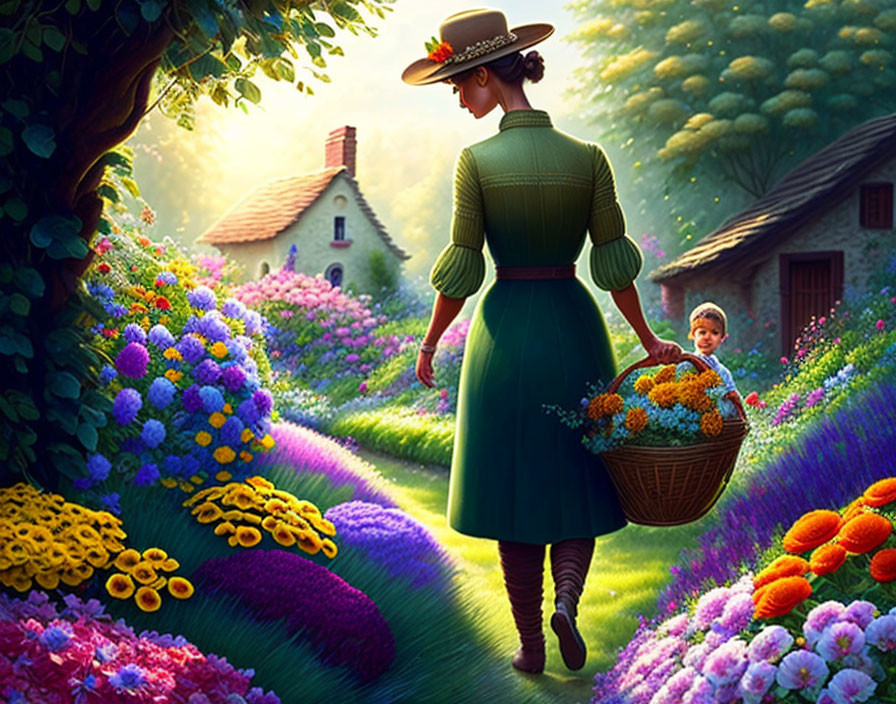 Vintage-dressed woman with flowers in garden path near cottage.