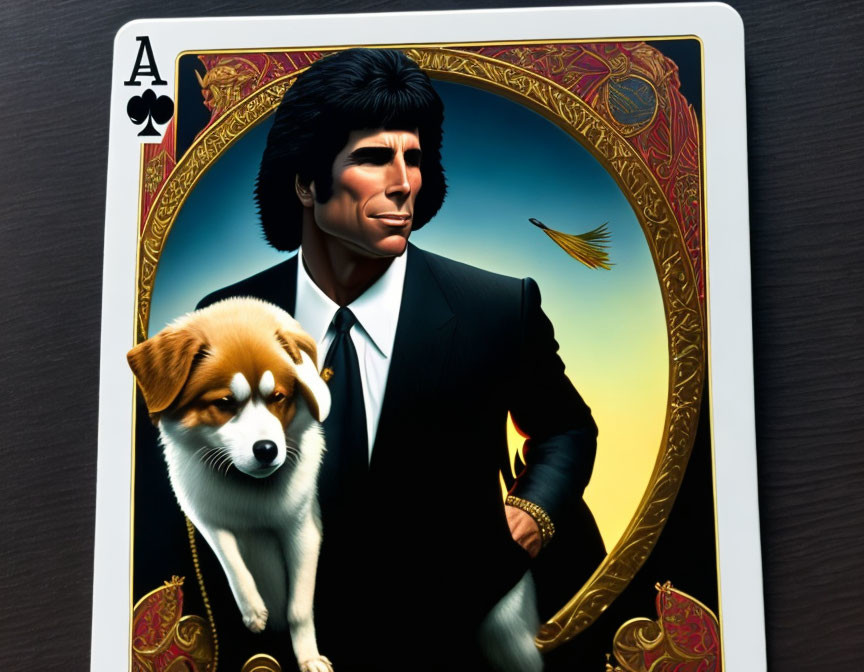 Ace of Clubs Card Illustration with Man in Suit and Dog on Arm