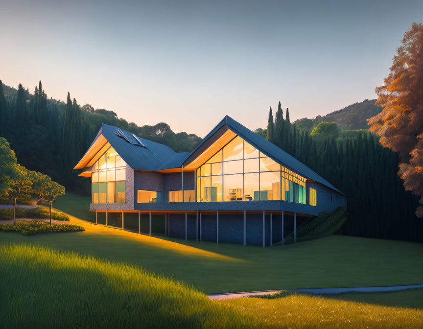 Sloping roof glass house in lush green setting at sunset