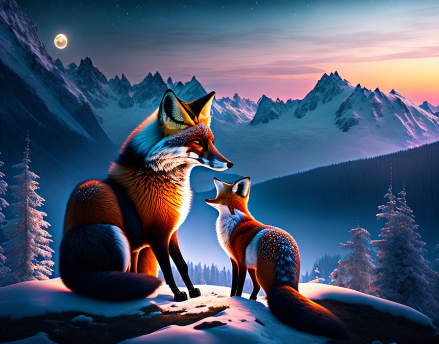 Foxes on Snowy Hill with Moonlit Landscape