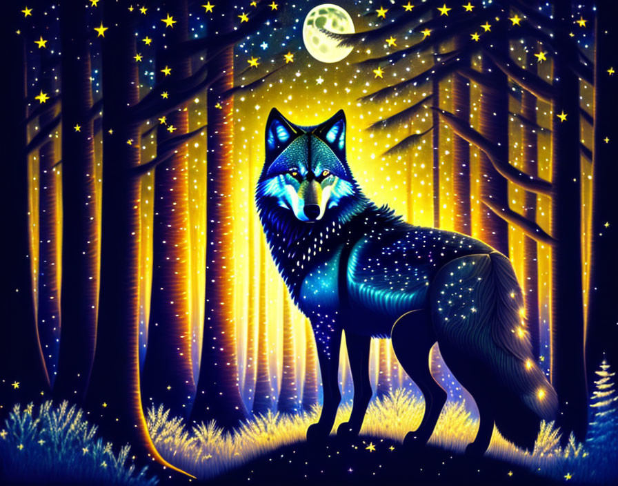 Blue wolf in enchanted forest under starry sky with radiant light beams