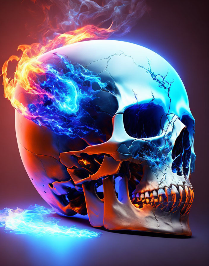 Digitally rendered skull with blue and orange flames on dark background