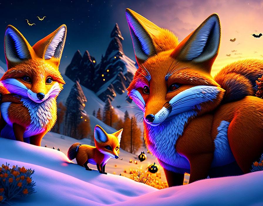 Colorful Fox Trio in Fantasy Twilight Scene with Snowy Peaks