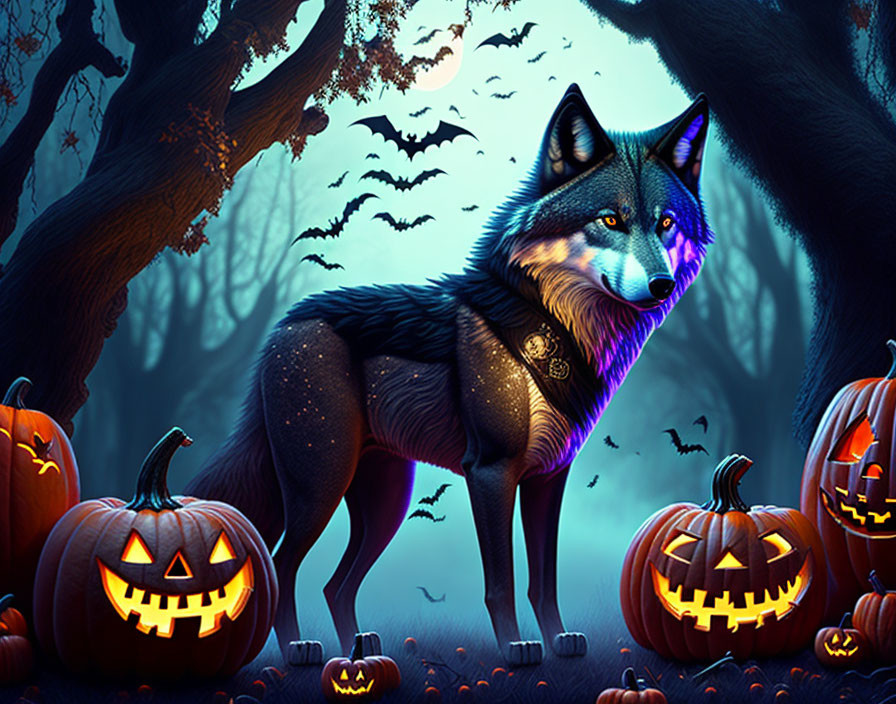 Wolf surrounded by jack-o'-lanterns in spooky forest with bats.