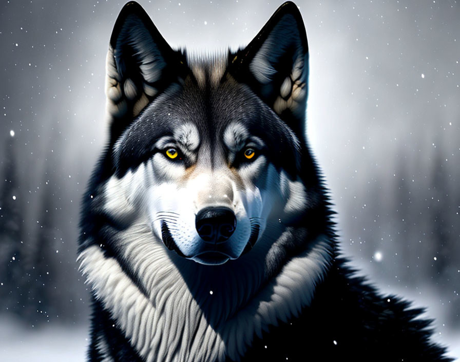 Husky with yellow eyes in snowfall scenery