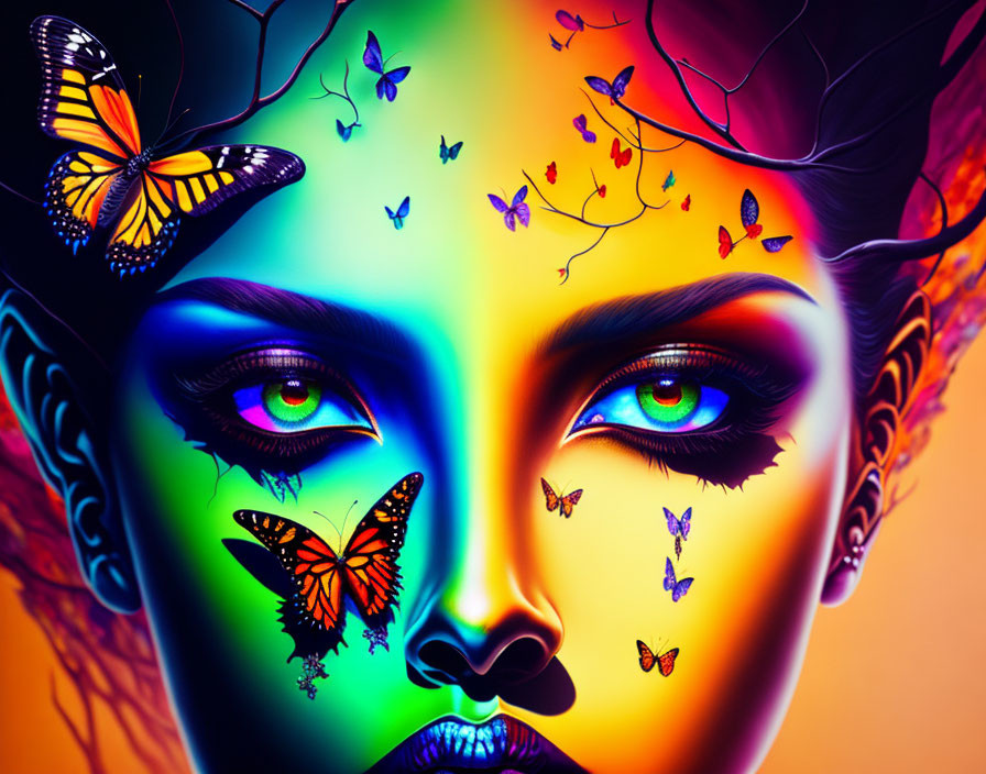 Colorful digital artwork: Woman with rainbow skin and butterfly adornments