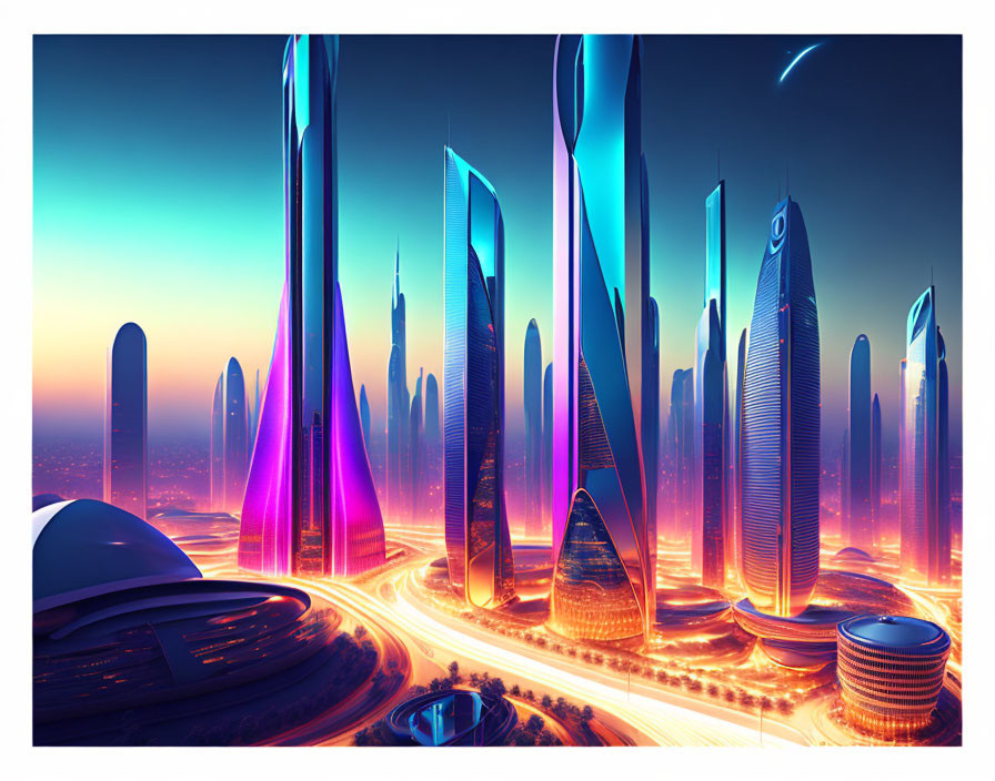 Neon-lit futuristic cityscape with skyscrapers and radiant roadways