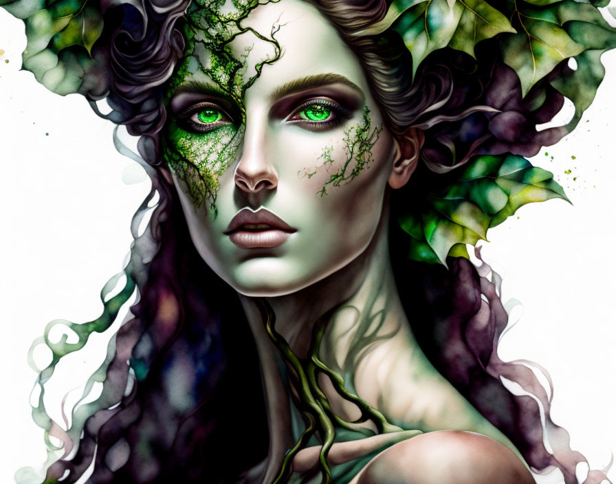 Illustration: Woman with green eyes, ivy veins, dark hair, and leafy motifs showcasing