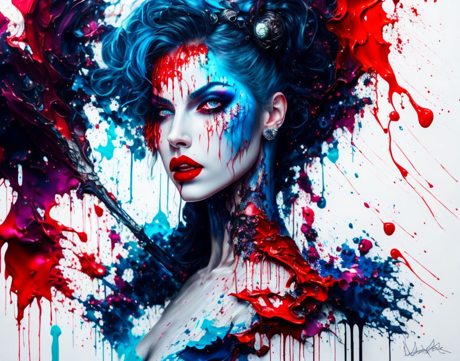 Colorful digital artwork: Woman with blue hair and bold makeup in red and blue paint splashes