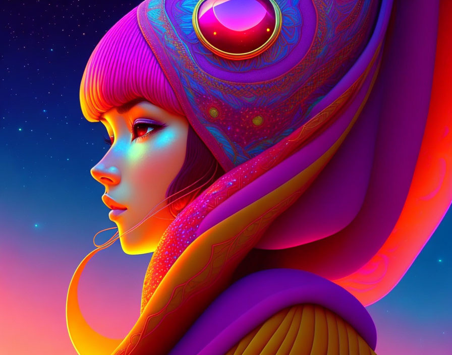 Colorful Stylized Female Figure with Futuristic Headdress in Twilight