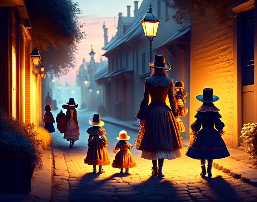 Historical figures walking on cobblestone street at dusk