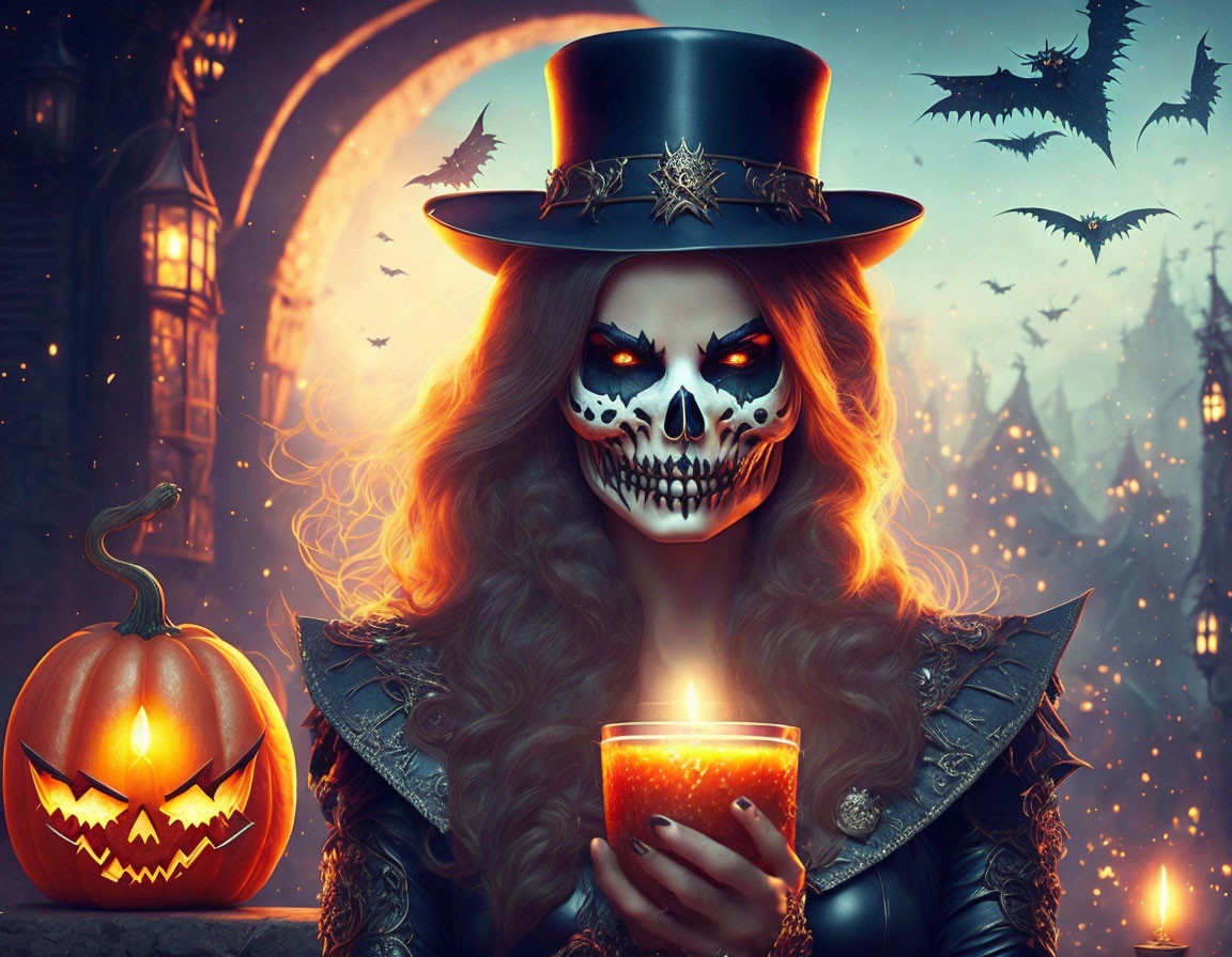 Person in skull makeup with candle, jack-o'-lantern, and bats in gothic setting