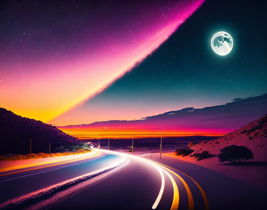 Colorful surreal landscape at dusk with road, oversized moon, and comet