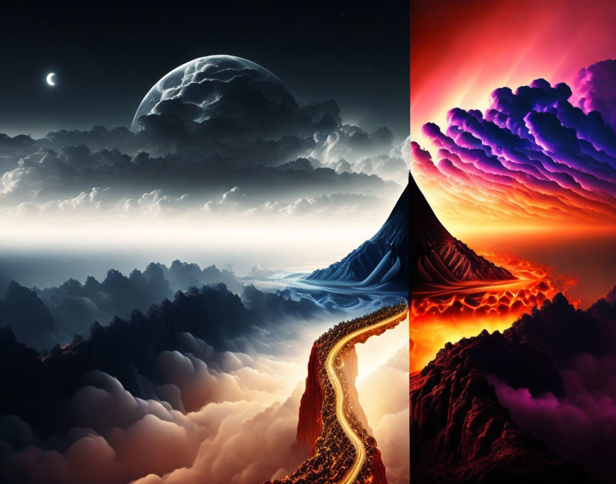 Surreal landscape split in half: moonlit mountains and fiery sunset river.