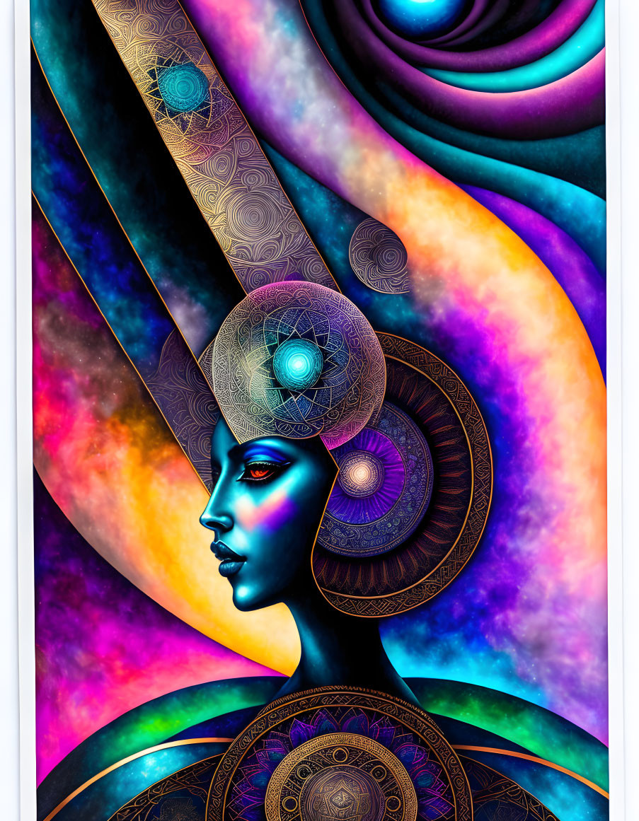 Colorful Digital Art: Blue-faced Figure with Cosmic Patterns