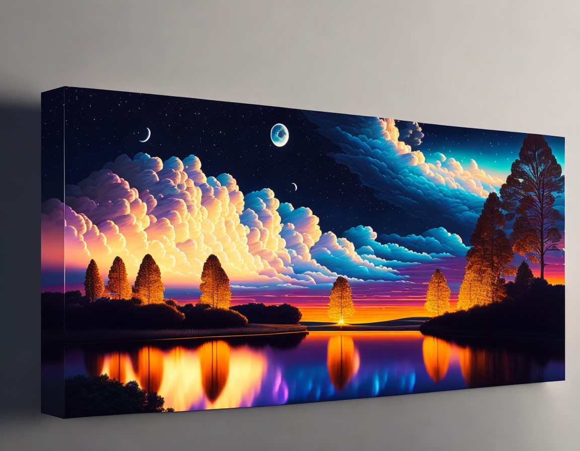 Surreal landscape canvas art with mirrored sunset, lake, clouds, moons, stars