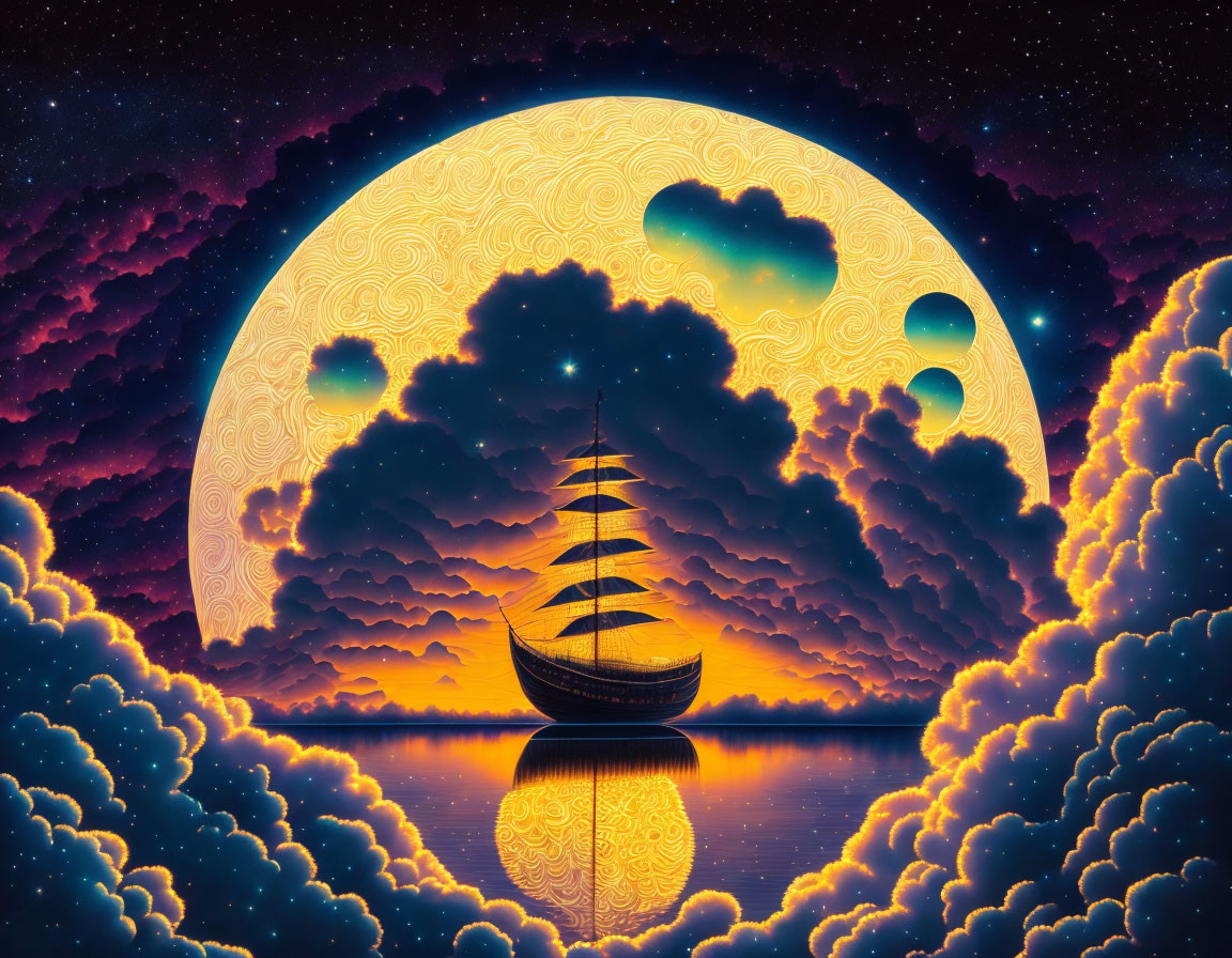 Surreal image of ship sailing under ornate moon