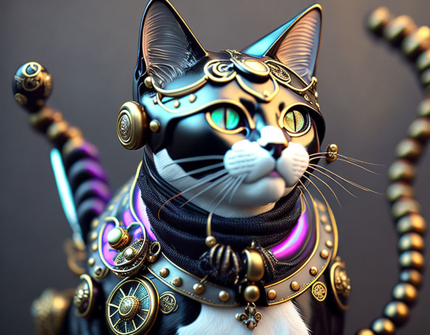 Steampunk-inspired robotic cat with metallic details and golden accessories