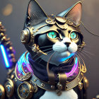 Steampunk-inspired robotic cat with metallic details and golden accessories