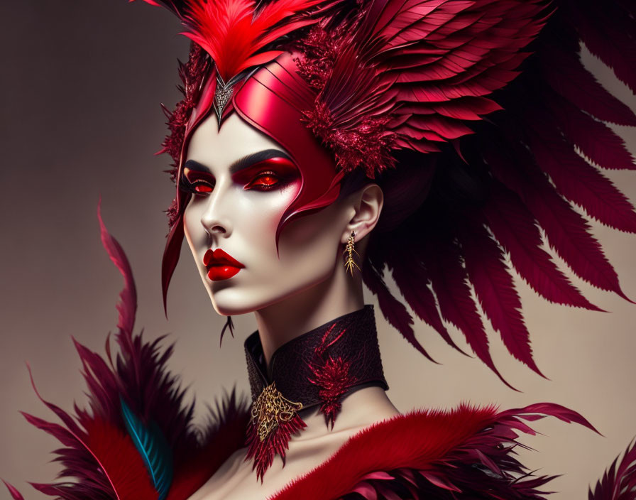 Portrait of a person with red feather headdress and intense gaze