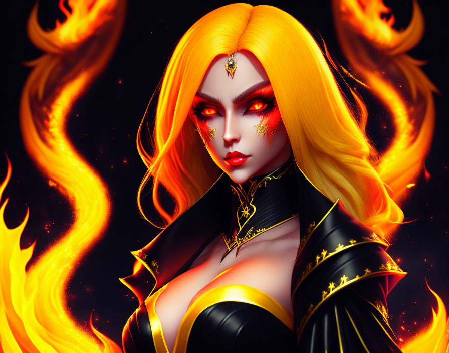 Illustrated female character with fiery golden hair, flames, striking makeup, black and gold outfit