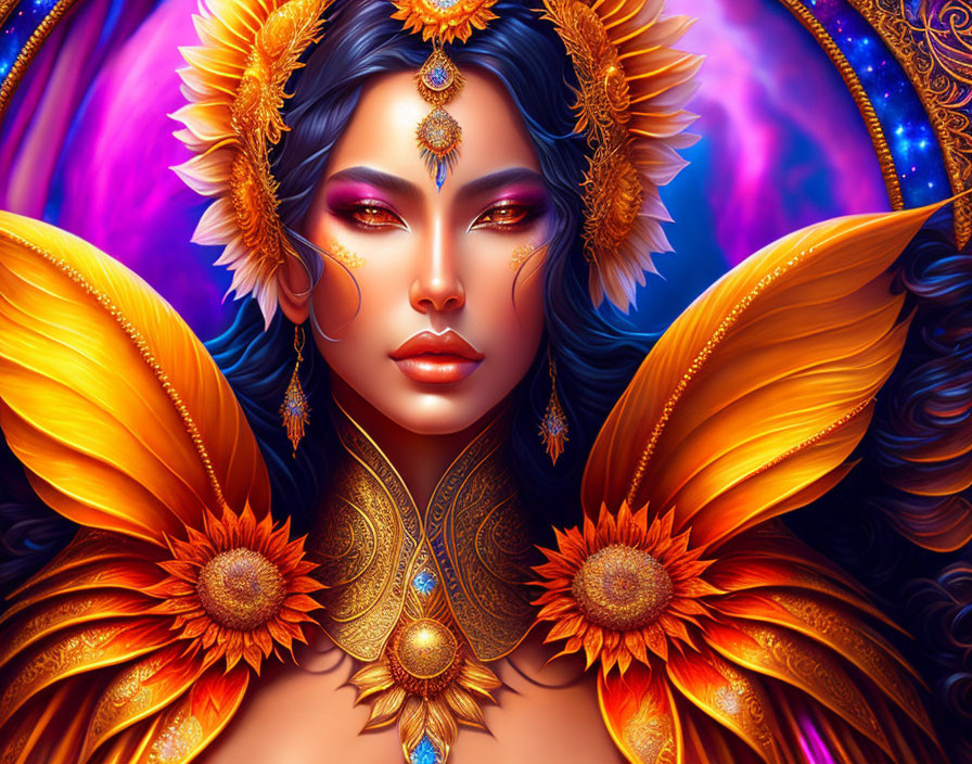 Detailed Female Figure with Blue Hair and Butterfly Wings in Cosmic Setting