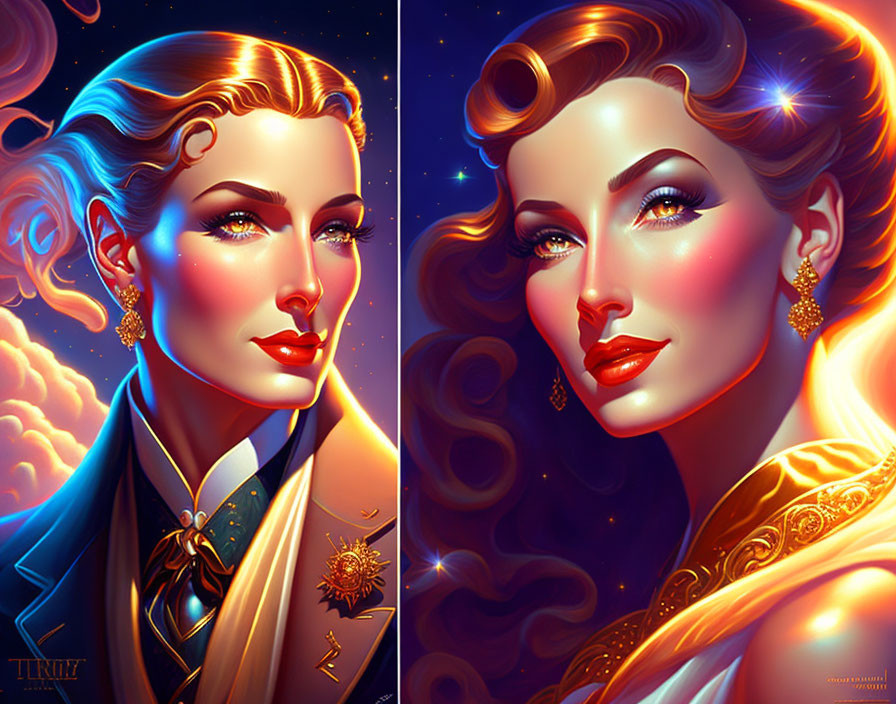 Stylized glamorous women's portraits with celestial themes in blue and golden outfits