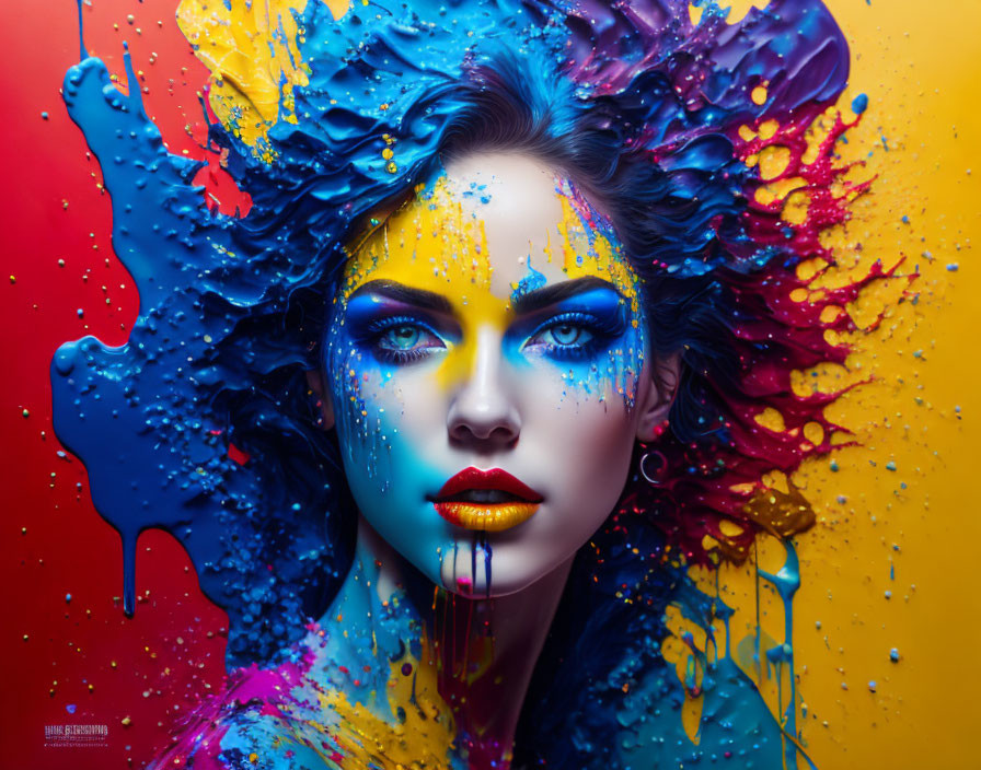 Colorful Portrait of Woman with Dramatic Makeup and Paint Splashes