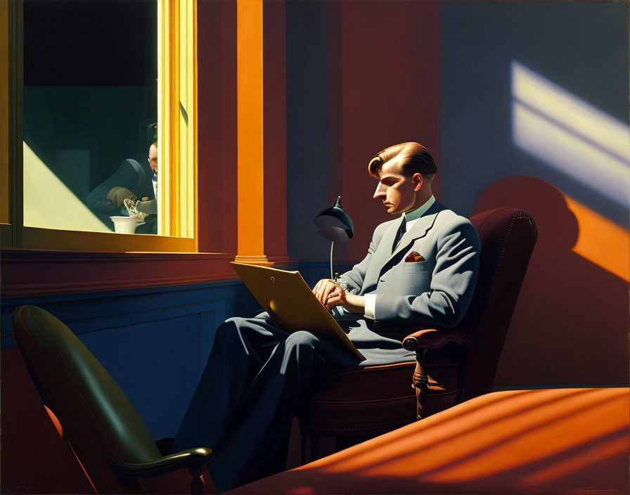 Businessman in suit typing on laptop at sunlit desk with striped shadows and urban reflection.