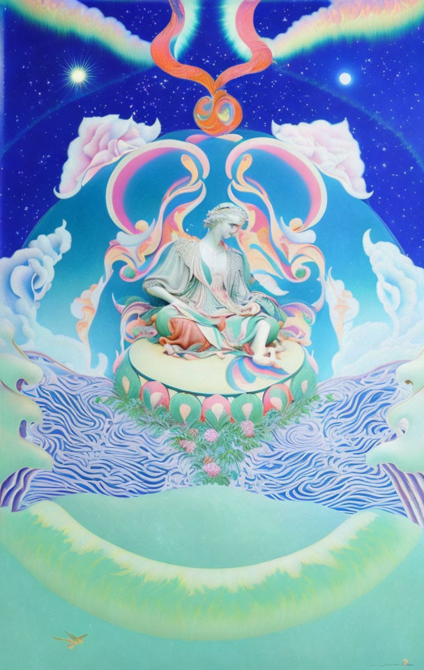 Elderly figure meditating on ornate platform amidst waves, horses, clouds, and starry