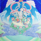 Elderly figure meditating on ornate platform amidst waves, horses, clouds, and starry