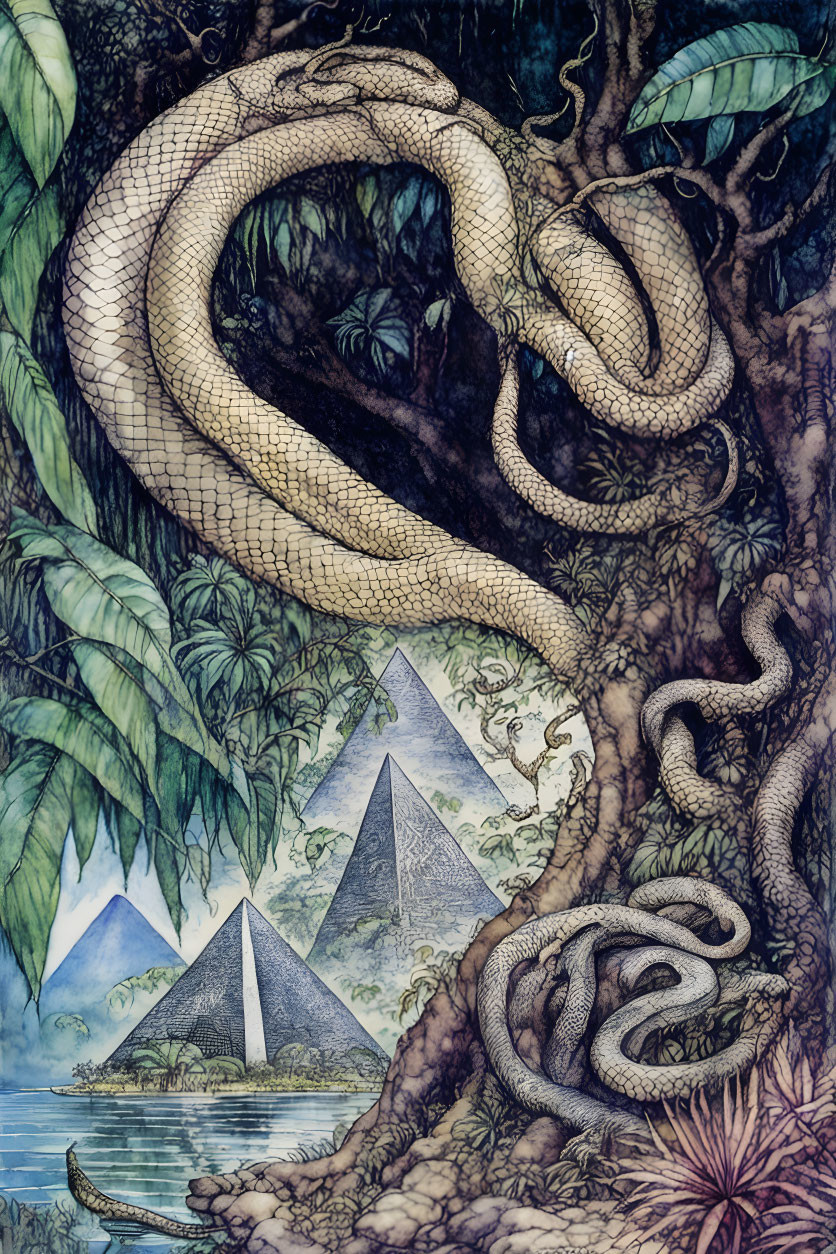 Detailed illustration of giant snake in lush jungle with pyramids near water.