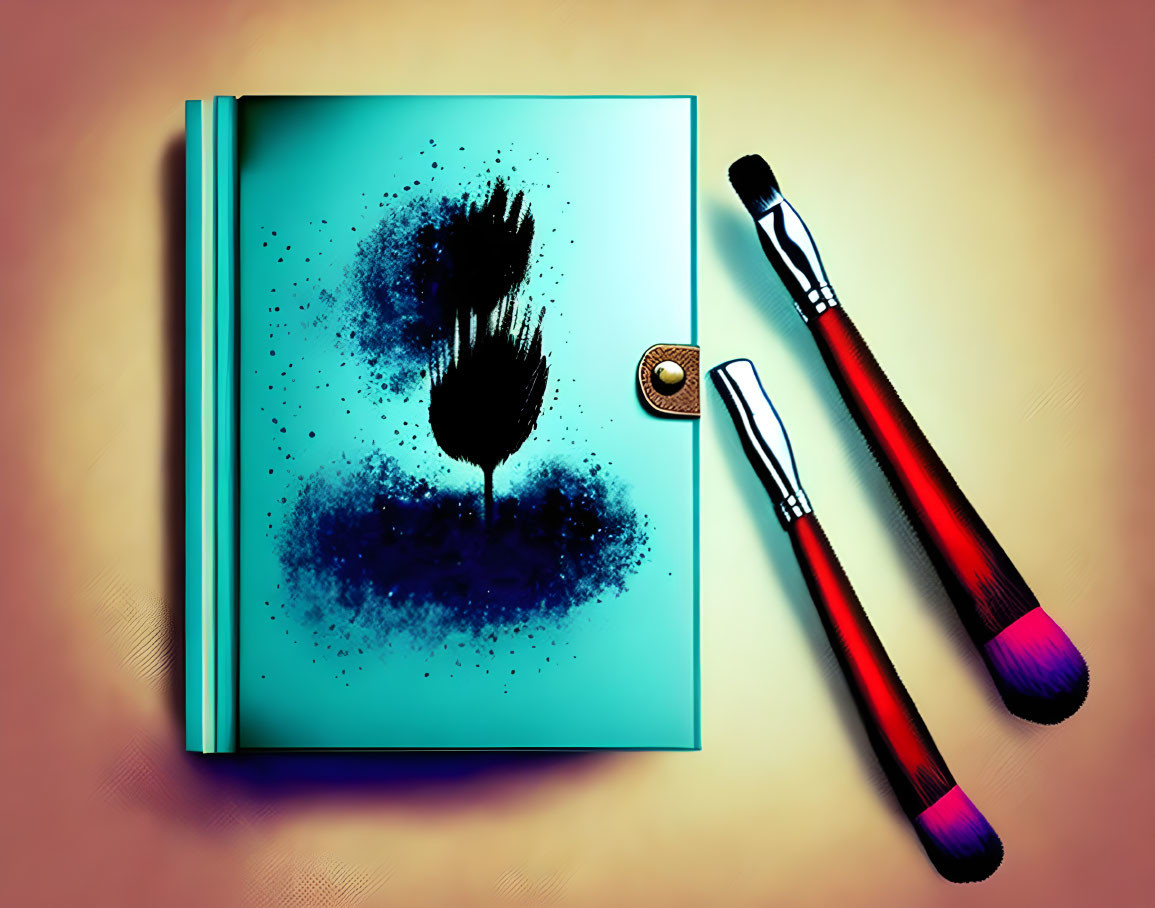 Teal notebook with abstract black ink splatter design and red paintbrushes on warm backdrop