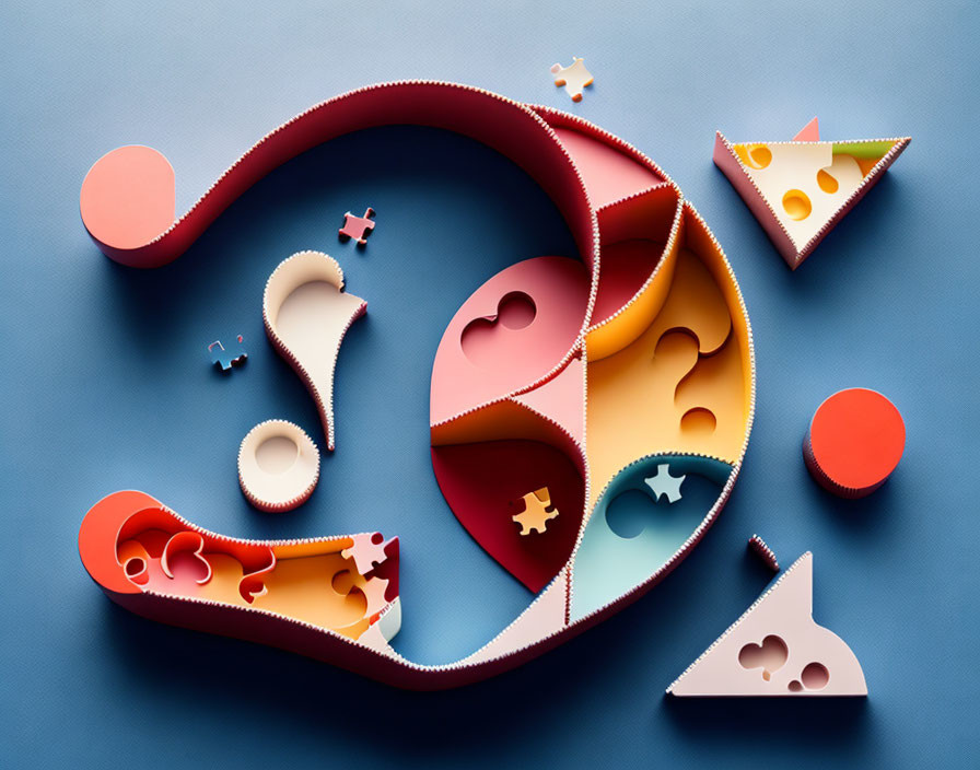 Abstract 3D heart made of colorful paper art on blue background