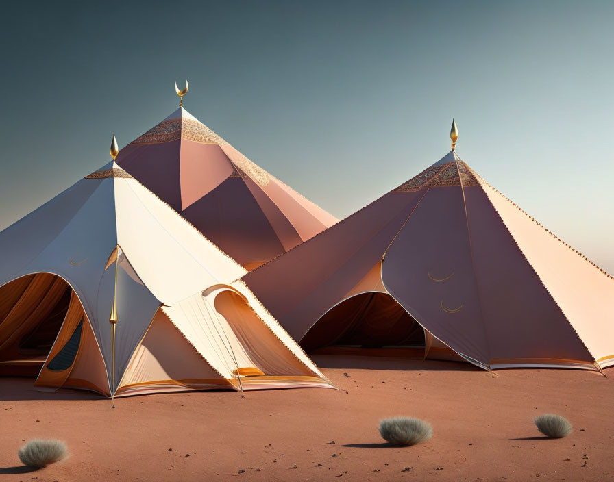 Ornate tents with crescent moon finials in desert landscape