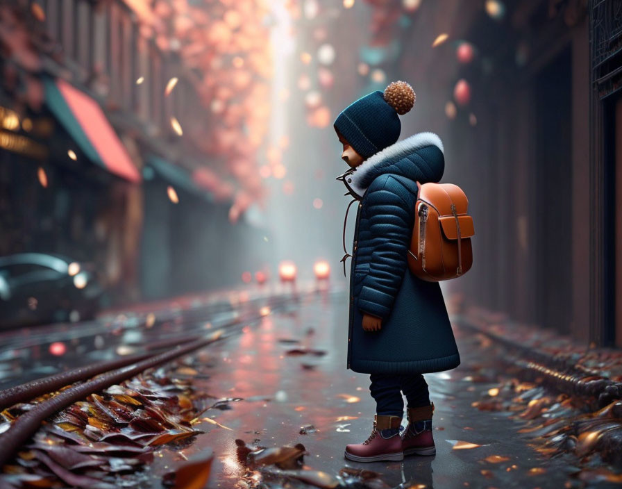 Child in winter coat and hat on leaf-strewn street with cityscape background