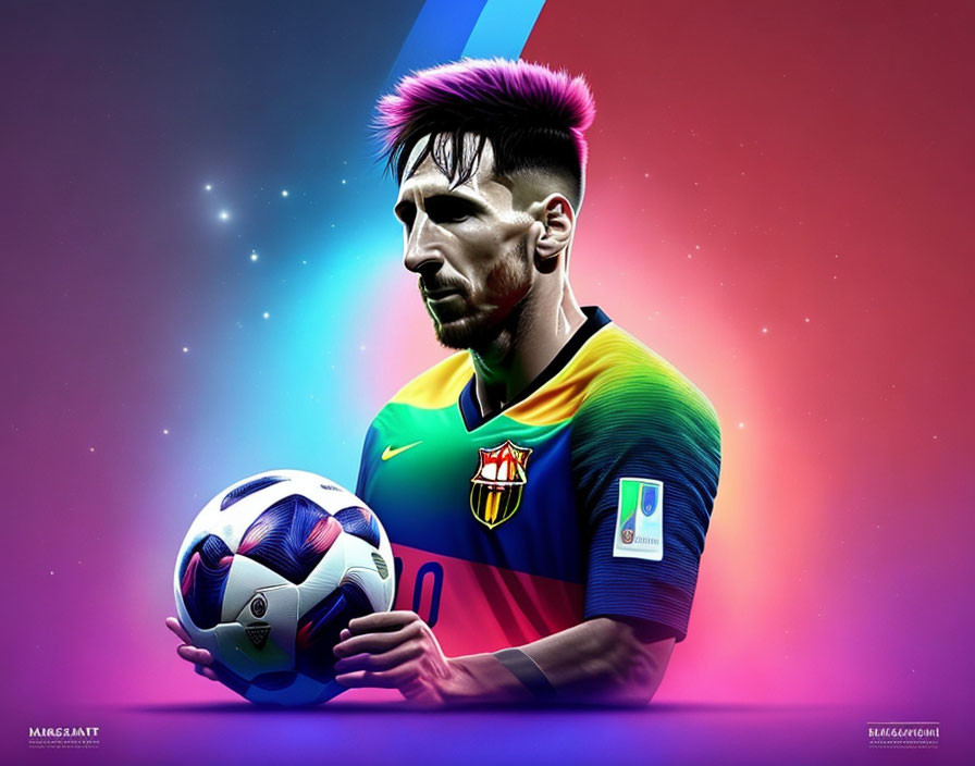 Soccer player digital artwork with purple and pink hair in Barcelona jersey