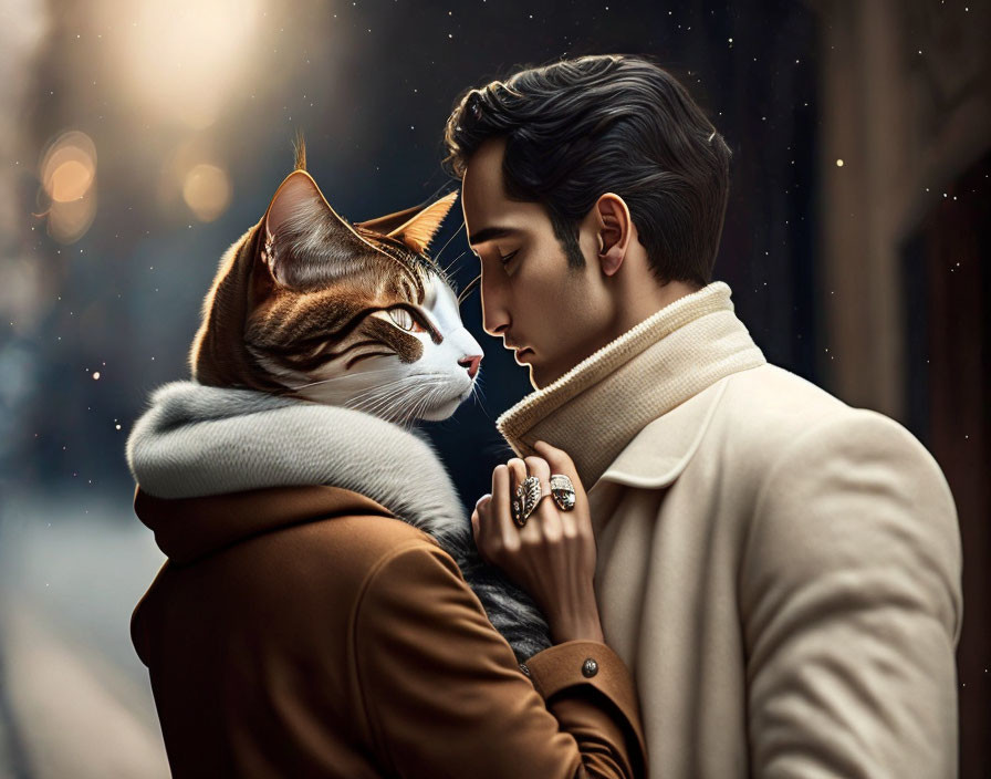 Man in Tan Coat Holding Large Cat Against Urban Backdrop